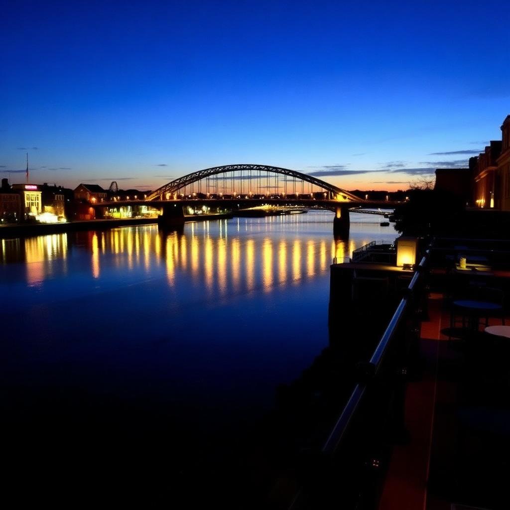 The Wearmouth Bridge at blue hour seen from the terrace