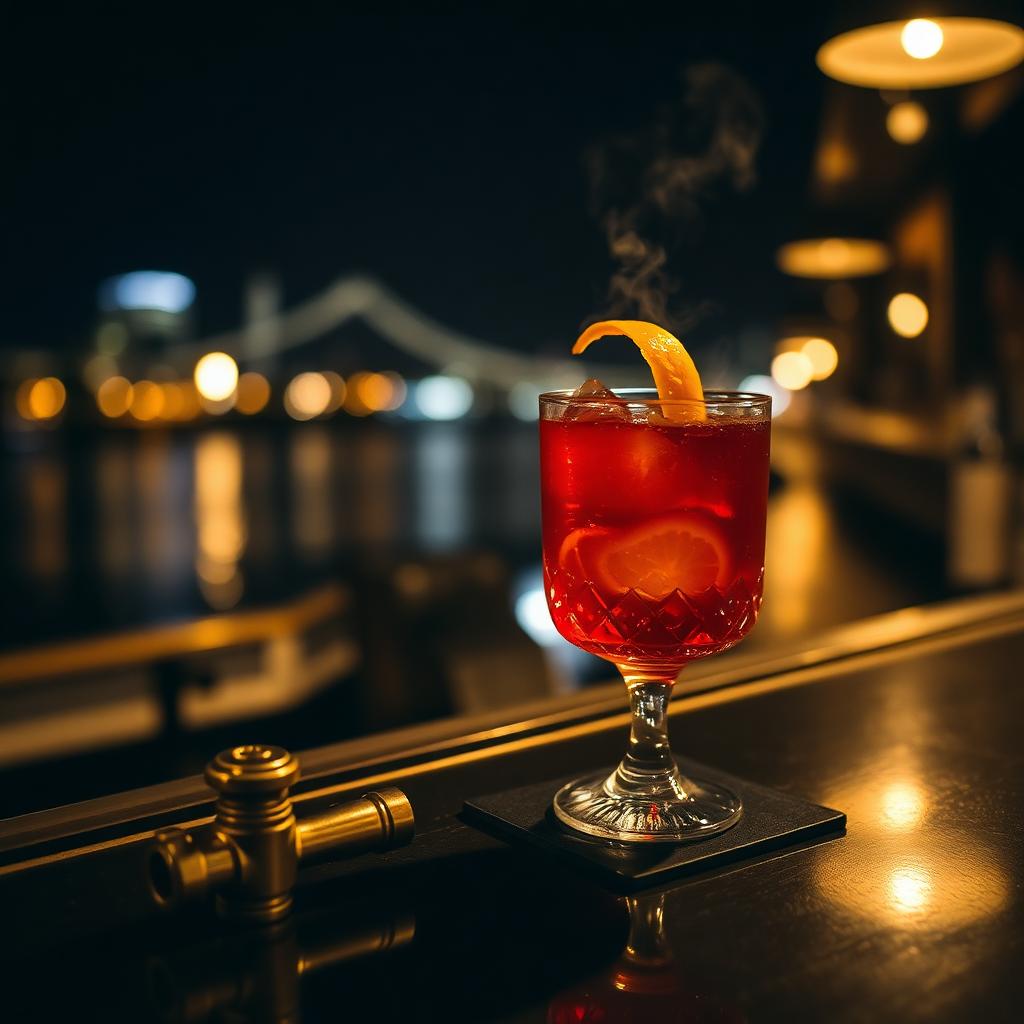 A Wearmouth Negroni on the bar with the river lights behind