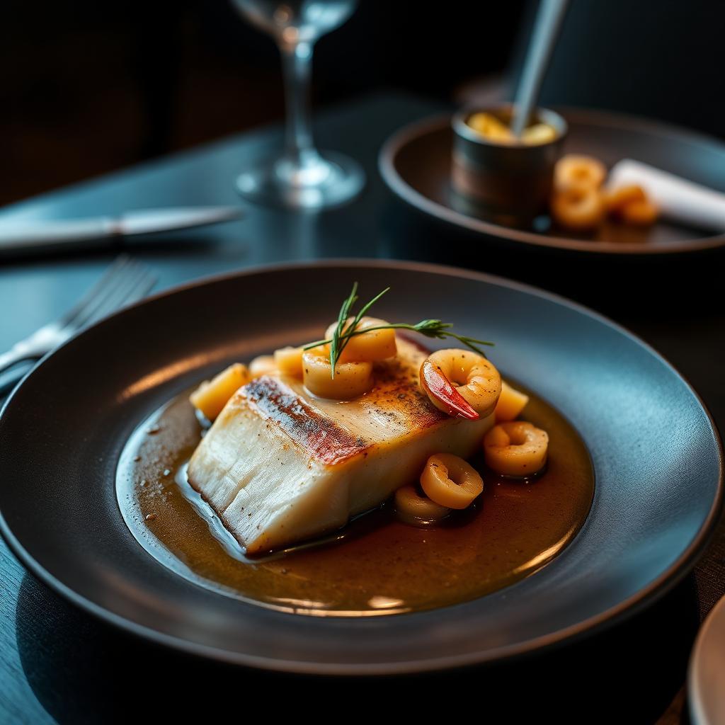 Roast halibut with brown shrimp butter on a dark plate