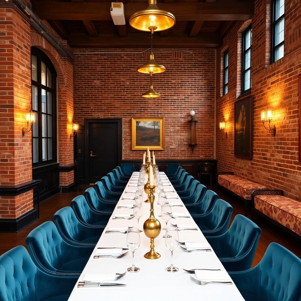 The private dining room laid for a long table of guests