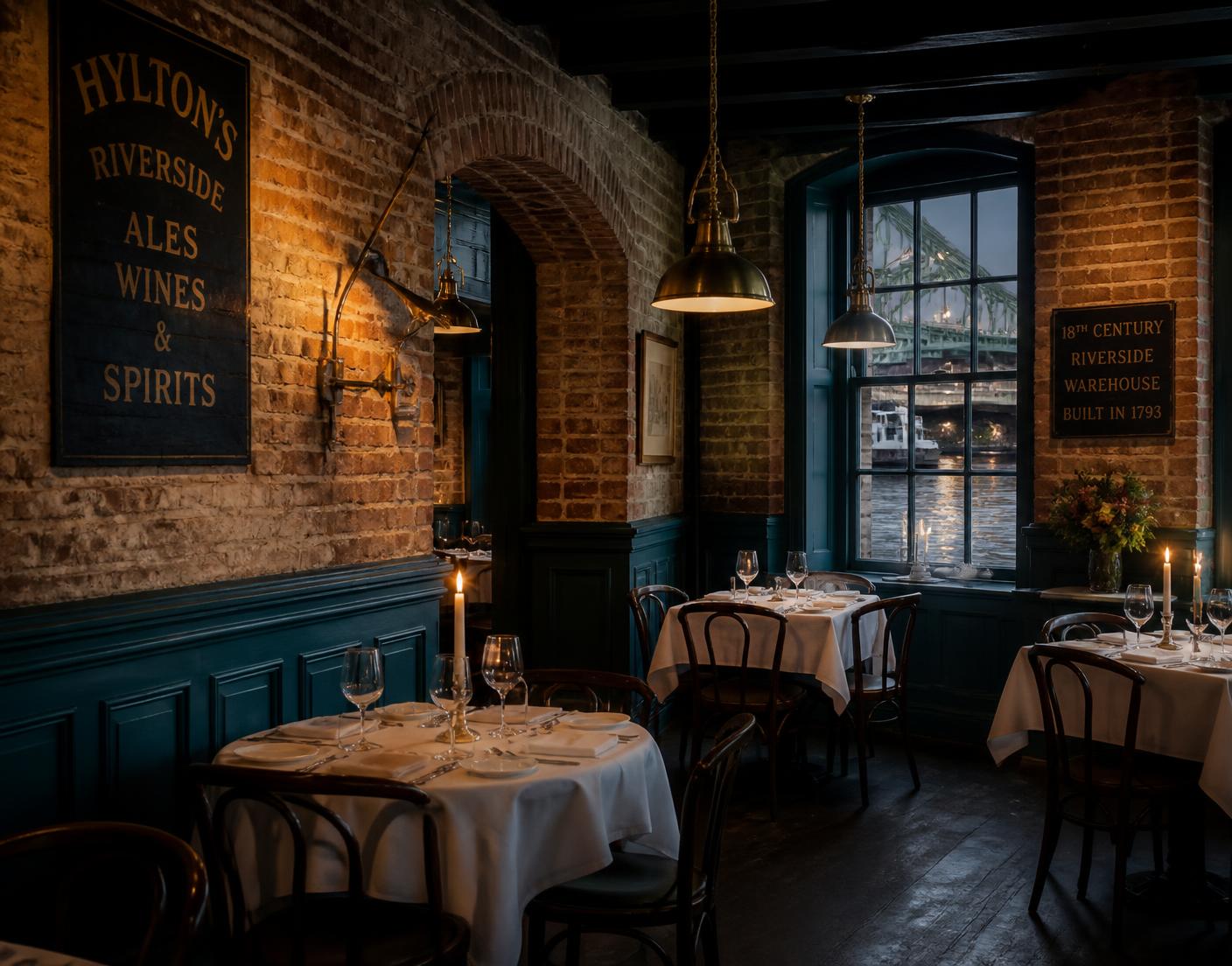 The dining room at Bianco Riverside: exposed Georgian brick, teal panelling, brass pendants and candlelit tables