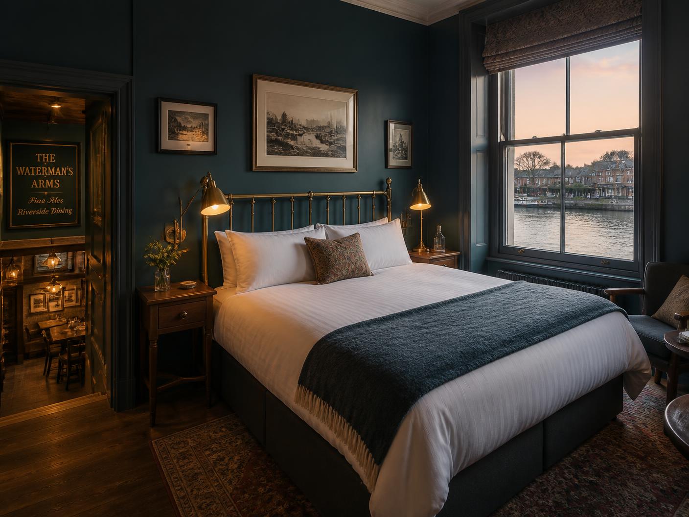 A river-facing bedroom above Bianco Riverside with brass lamps and crisp linen