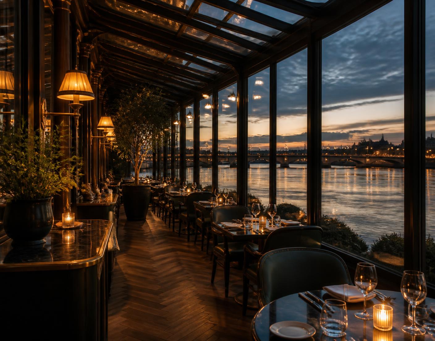 Bianco Riverside's enclosed glass terrace at dusk, tables set with candles looking out over the River Wear